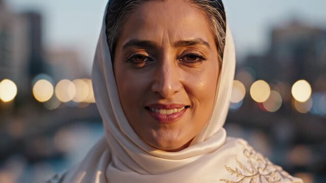Mature Muslim woman in hijab smiling warmly outdoors at sunset