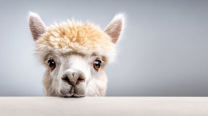 Obraz premium Fluffy Alpaca Peeking Over a Plain Barrier with a Curious Expression
