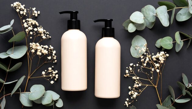 Two beige dispenser bottles with black pumps are displayed on a dark background. They're adorned with white flowers and green eucalyptus