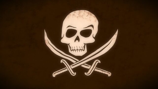 Vintage grunge Jolly Roger pirate skull and crossed sabers on worn dark brown waving textured flag