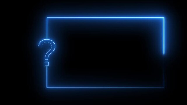 Blue neon question mark in a glowing blue rectangle on black glowing rectangle black background neon sign