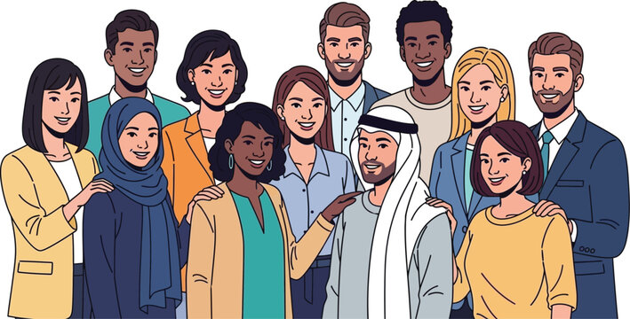 Professionals of diverse backgrounds stand together for a team portrait.