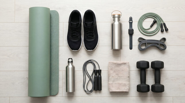 fitness gear flat lay composition with workout equipment