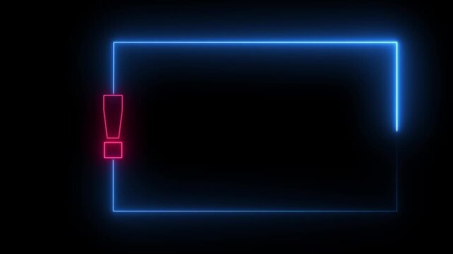 Blue neon exclamation mark in a glowing blue rectangle on black glowing rectangle black background neon sign
