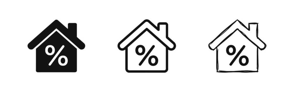 Real Estate Mortgage Interest Rate Icon Set Showing House with Percentage Sign for Financial Concepts