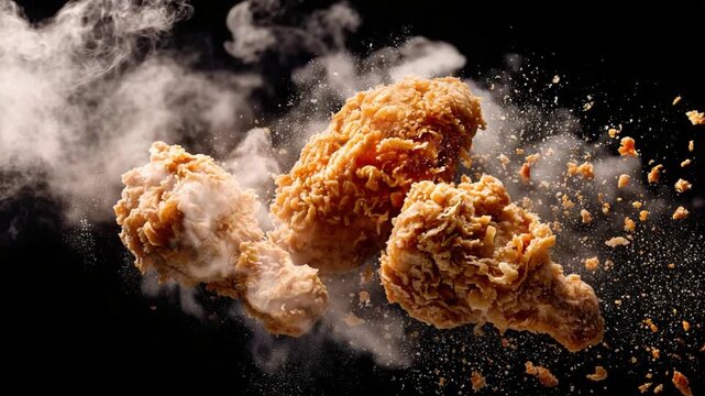 Crispy Chicken Feast: Captivating close-up of three golden, crispy fried chicken pieces, dramatically suspended mid-air against a moody dark background, inviting immediate cravings.
