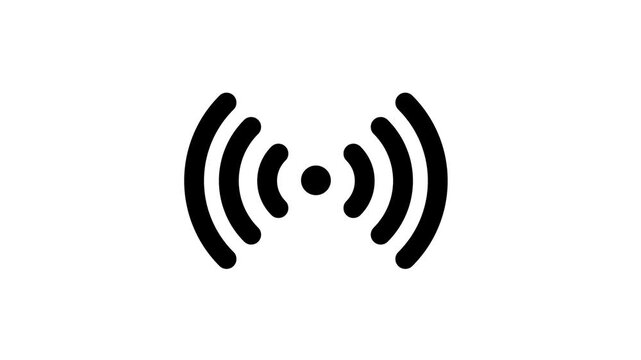 Animated black signal icon pulsing on white background representing wireless communication radio waves network connectivity and live broadcasting for modern digital user interfaces.
