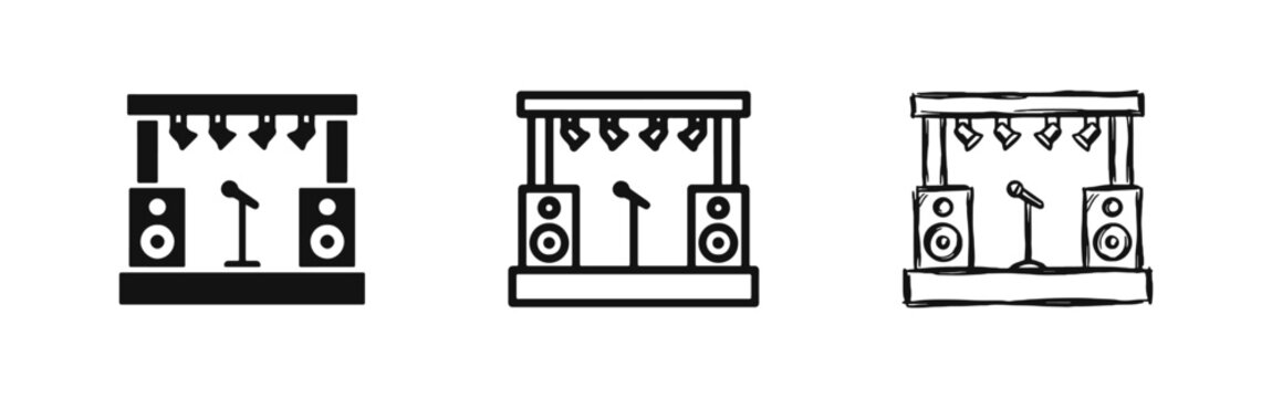 Performance stage icon set, theater or concert platform with microphone, speakers and spotlights for live events.