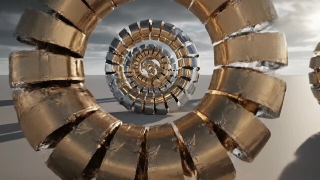 Abstract 3D Golden and Silver Ring Structure with Spiral Center