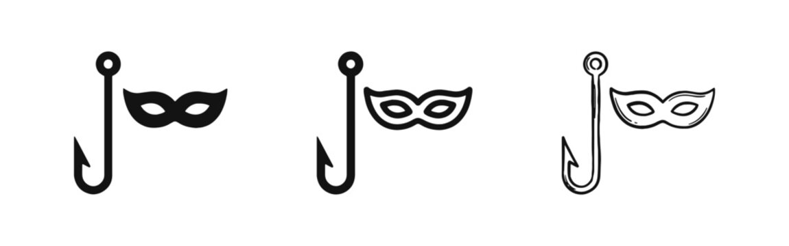 Phishing scam icons showing hook and mask representing anonymous hacker in three styles