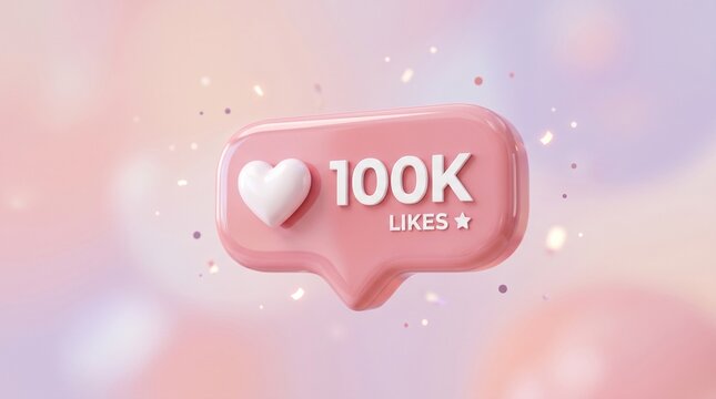 Floating pink 3D speech bubble with white heart icon and 100k notification counter on soft pastel bokeh background for social media achievement milestone followers engagement success