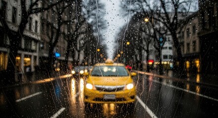 Obraz premium Rainy new york city street scene with yellow taxi and reflective pavement at dusk