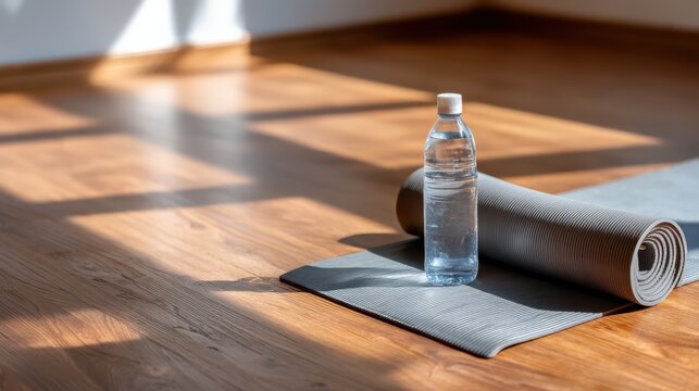 Yoga mat and water bottle on wooden floor indoors, fitness routine, wellness and healthy lifestyle, home workout.
