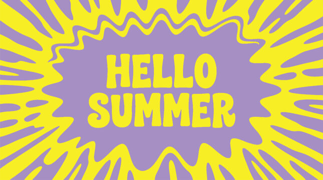Hello Summer text in yellow with a radiating jagged yellow pattern on purple typography