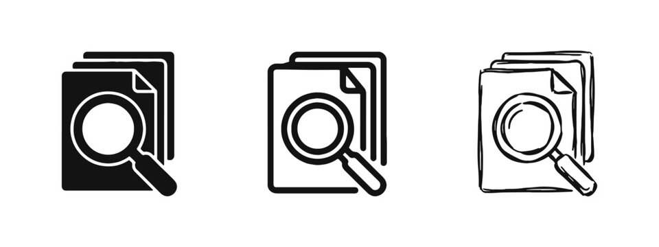 Magnifying Glass over Paper Documents Icon Set for Search and Analysis