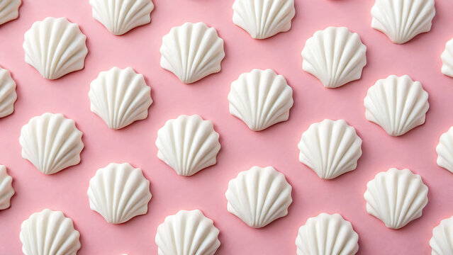 seashell shaped white cookies on soft pink background for summer dessert trends