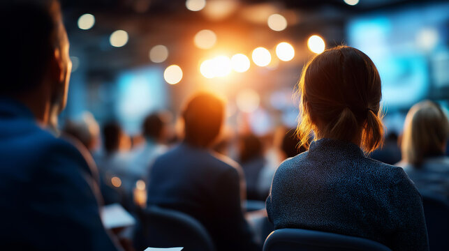 Cinematic wide back view of seated silhouetted attendees facing a bright softly defocused digital display speaker setup during a conference seminar attendees conference speaker
