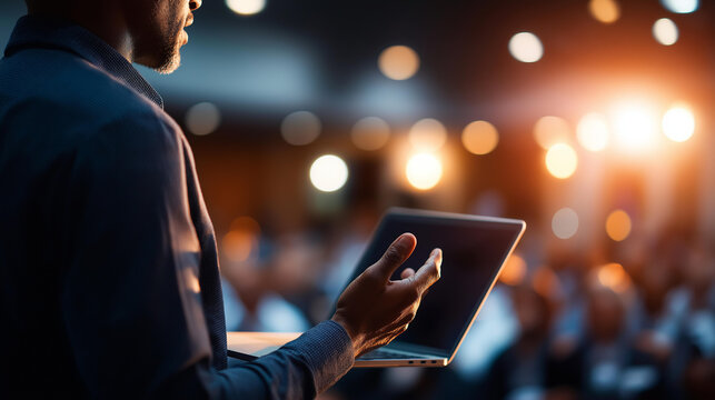 Cinematic close up back view of a silhouetted speaker on a bright softly defocused conference stage holding a laptop and gesturing during a motivational presentation software