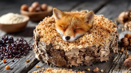 Fototapeta premium Adorable Fox Curled Up in Nest Made of Bark and Soft Fragments