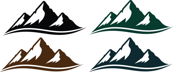 Vector illustration set of Christmas trees and mountain peaks in a winter landscape with snow and nature silhouettes for a holiday travel logo design © Mostofa