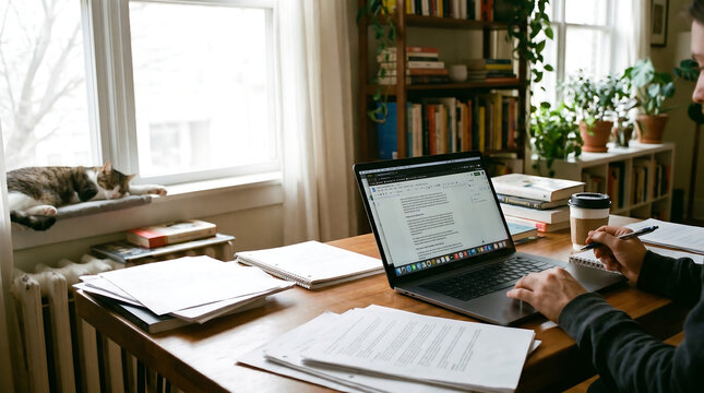 person working on laptop with cat by window in home office