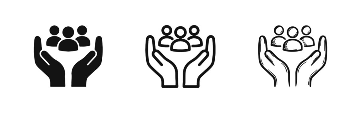 Hands Protecting Group of People Icon Set in Solid Outline and Sketch Style