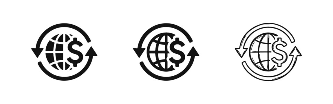 Global Currency Exchange Icon Set, World Economy and Finance Symbols in Three Different Styles