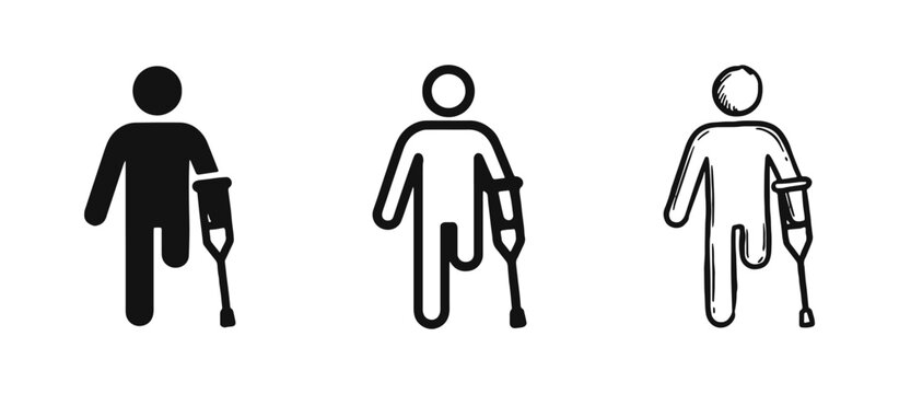 Disability Icon Set of Person with Crutch in Solid Outline and Hand Drawn Styles for Accessibility Design