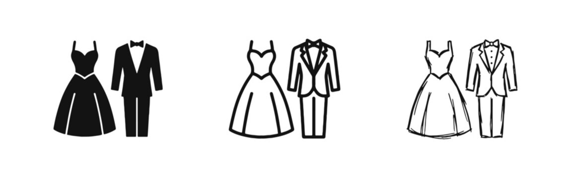 Wedding Clothing Icon Set - Bride Gown and Groom Tuxedo Symbols