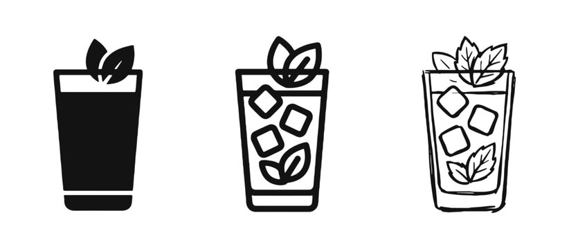 Refreshing cocktail with mint and ice cubes icon set for summer drinks