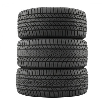 Stack of black car tires on display isolated on transparent background
