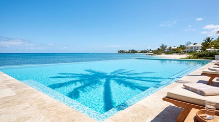Fototapeta premium A serene infinity pool overlooking the ocean, with the reflection of a palm tree in the water