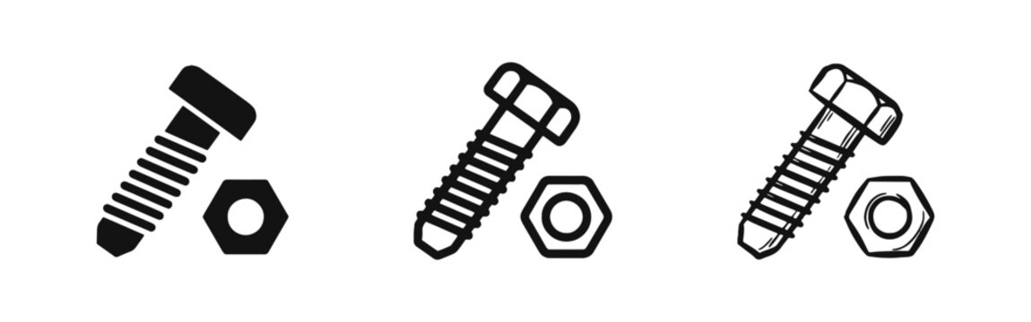 Hardware bolt and nut icon set, industrial fastener and repair tools symbols
