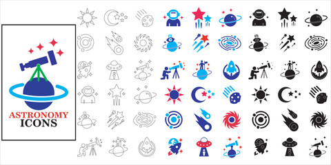 astronomy icon set bundle. technology, science, telescope, galaxy, space, cosmos, astronaut and more. simple flat complete vector © Nila