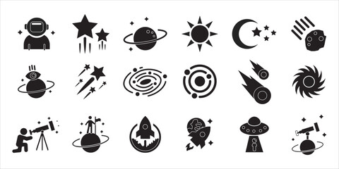 astronomy icon set bundle. science, telescope, galaxy, space, cosmos, astronaut and more. simple flat solid vector © Nila