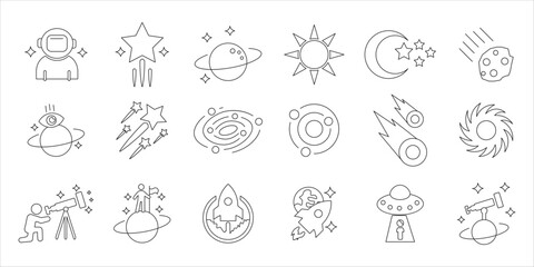 astronomy icon set bundle. science, telescope, galaxy, space, cosmos, astronaut and more. simple flat line vector © Nila