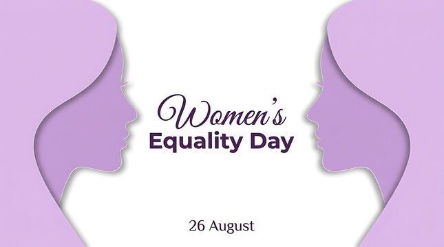 Women's Equality Day banner with female profile silhouettes in purple paper cut style for gender rights celebration graphic illustration