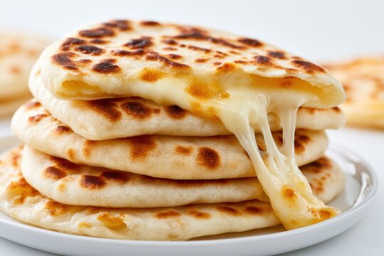 Delicious cheese naan stacked on a white plate, showing melted cheese and golden brown edges