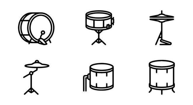 Drum set, musical instruments, vector icons, black and white