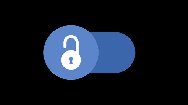 Animated blue toggle switch icon with open padlock symbol on black background for digital security access and mobile app privacy settings navigation interfaces.
