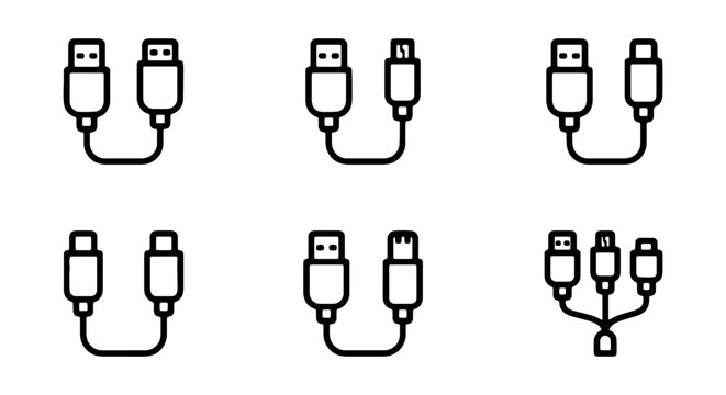 USB Cable Adapters, Connectors, Splitters, and Hubs Vector Icons Set