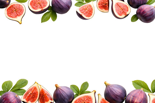 Fresh figs with green leaves isolated on transparent background. Fig fruit png