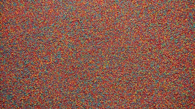 Tracking shot of multicolored candy scattered across tabletop closeup overhead surface showing dense colorful coating