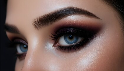 Naklejka premium Stunning Blue Eyes Glam Makeup Close-Up with Smoky Eyeshadow, Bold Brows, Long Lashes and Radiant Highlight – Professional Beauty Portrait Showcasing Elegant Cosmetic Artistry and Fashion Style