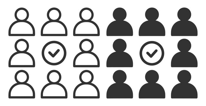 Minimalist vector icon representing user approval and selection concept. Design features person avatar with check mark, combining profile and confirmation symbol in outline and solid styles. Suitable 