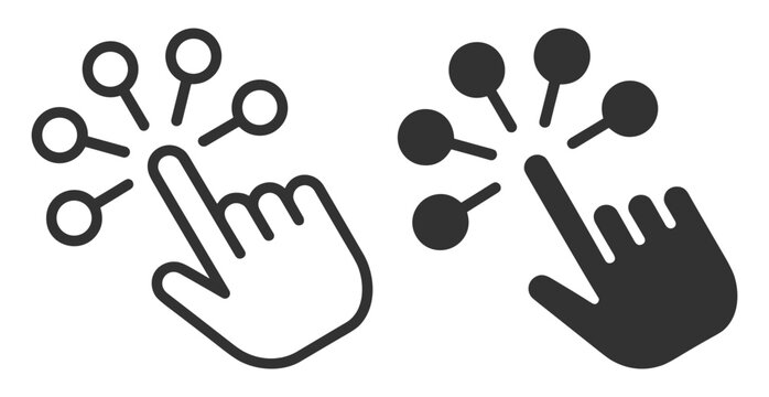 Minimalist outline vector icon representing cursor and touch interaction concept. Design features hand pointer with finger gesture, symbolizing click, selection, and digital navigation. Created in cle