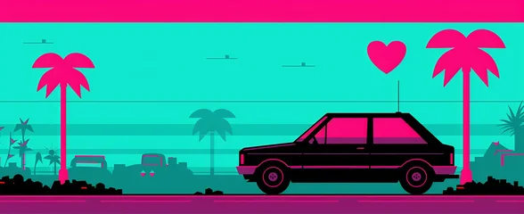 Keuken achterwand Koraalgroen Retro-style synthwave landscape featuring a black car, palm trees, and a vibrant pink and turquoise color palette, ideal for music-themed designs, digital art, and 80s nostalgia marketing.  © Premium Graphics