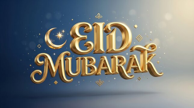 Golden eid mubarak text with a crescent moon and stars on a dark blue and grey background for islamic festival celebration and religious greeting card design