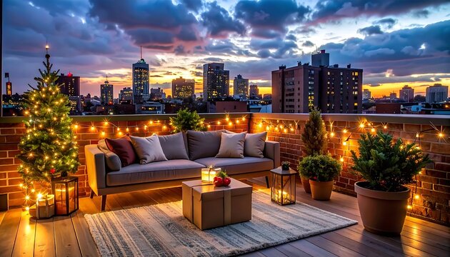 Cozy Modern Rooftop Terrace Decorated For Christmas At Sunset With A Lit Tree String Lights And City Skyline View In The Background