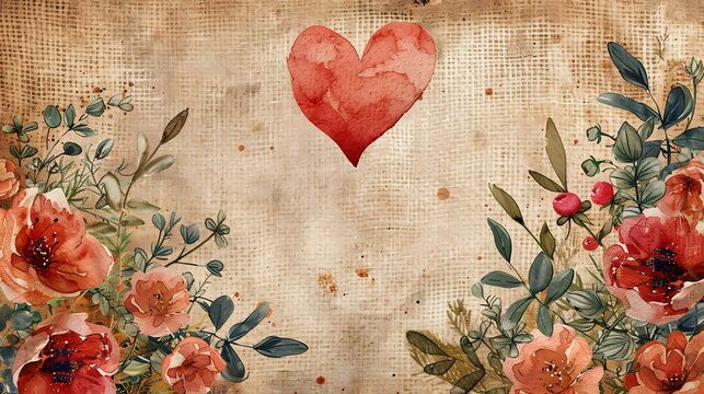 Watercolor heart and floral arrangement on textured canvas, perfect for wedding invitations, Valentine's Day cards, or romantic designs. The vintage aesthetic and ample copy space 